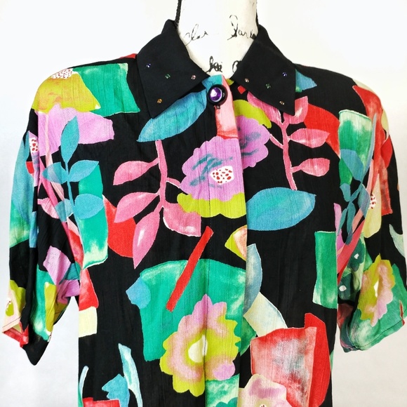 In Group LTD Tops - VINTAGE | Abstract Floral Jewel Accent Blouse